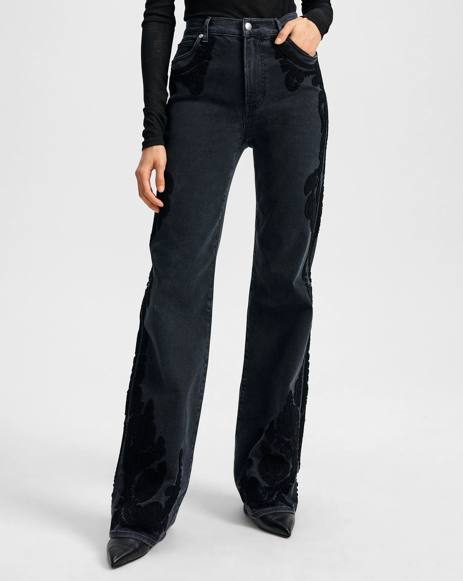 Veronica Beard - Crosbie Embroidered Slim Wide - Leg Jean - Image 2