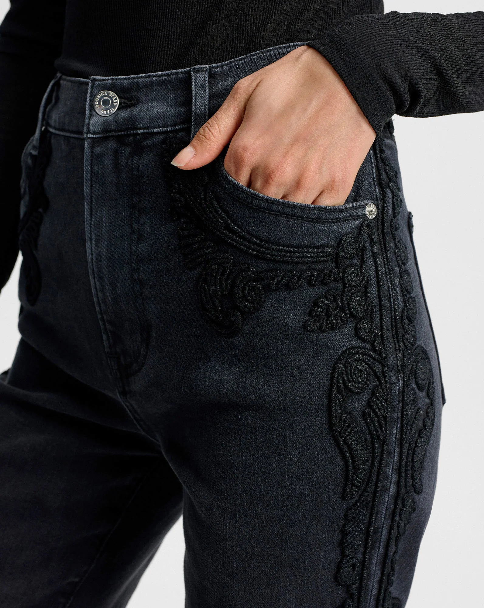 Veronica Beard - Crosbie Embroidered Slim Wide - Leg Jean - Image 6