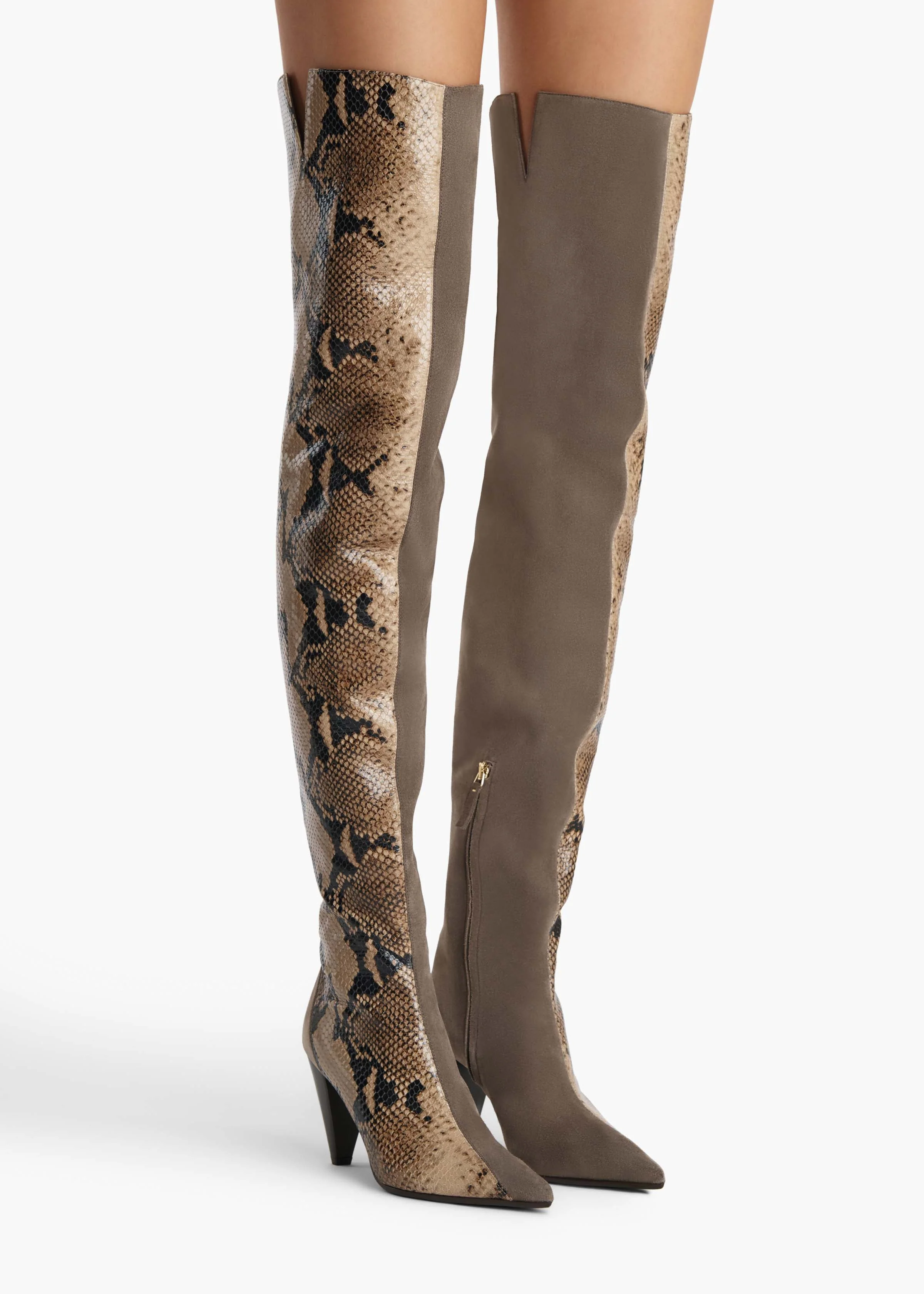 Khaite - Harvey Over - the - Knee High Boot in Morning Dove Suede and Taupe Python - Embossed Leather - Image 5