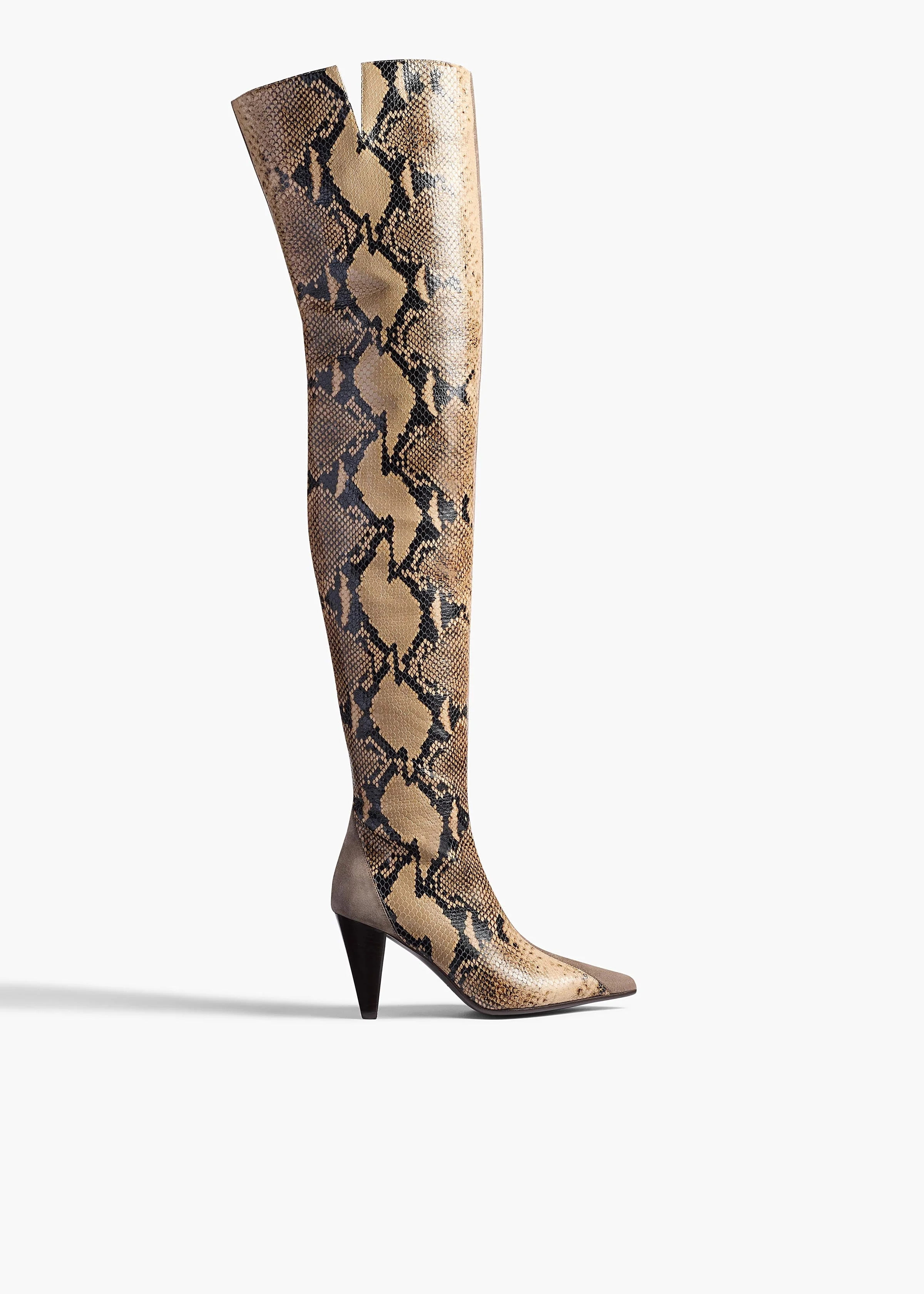 Khaite - Harvey Over - the - Knee High Boot in Morning Dove Suede and Taupe Python - Embossed Leather - Image 7