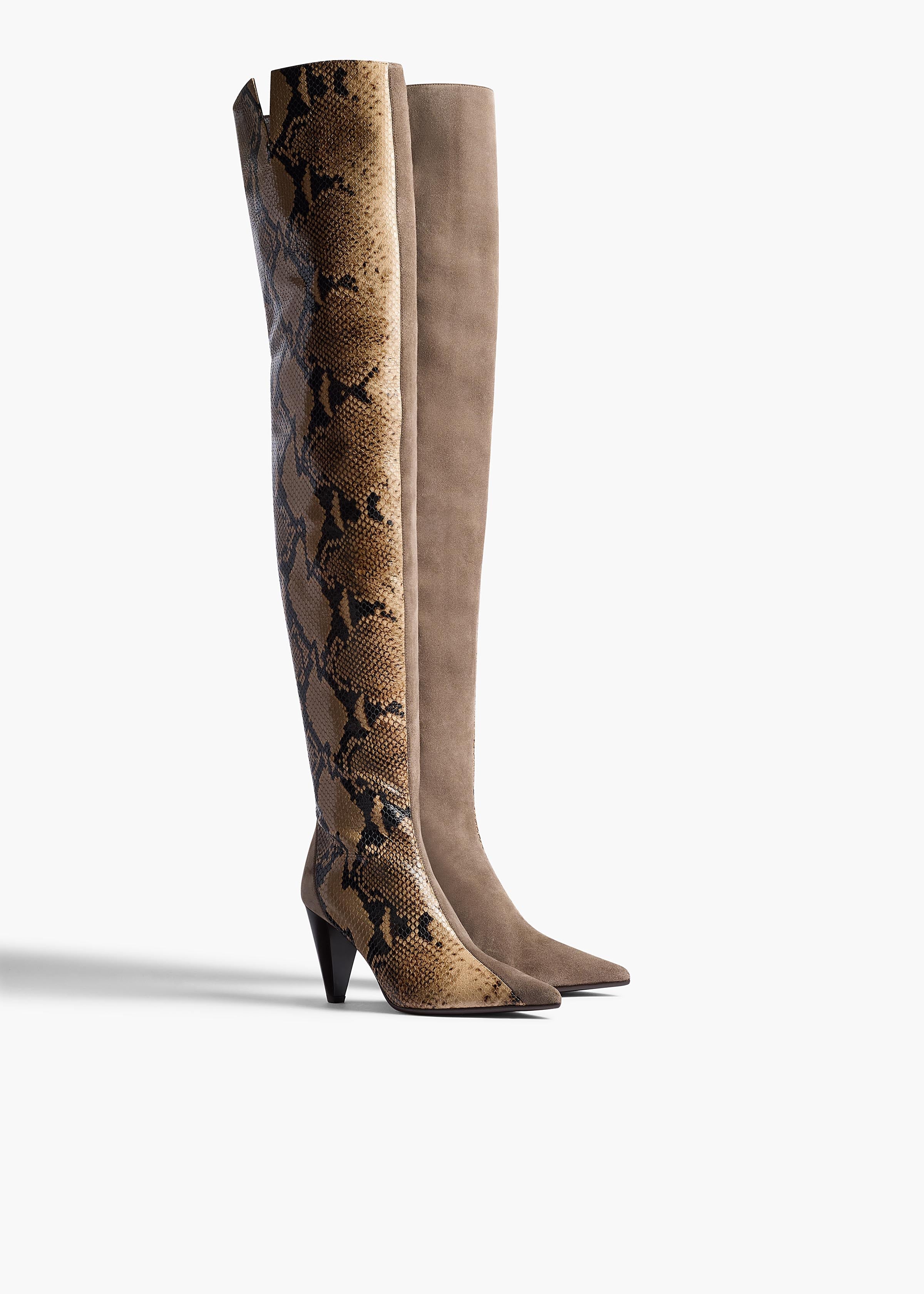 Khaite - Harvey Over - the - Knee High Boot in Morning Dove Suede and Taupe Python - Embossed Leather - Image 8
